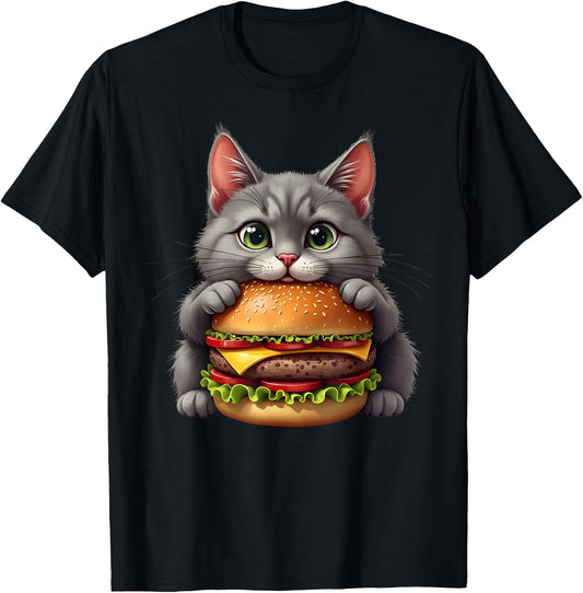 Funny Fast Food Cat Burger Lover Cute Cats Cheeseburger Men Women Kids T-Shirt - T-Shirt | Black