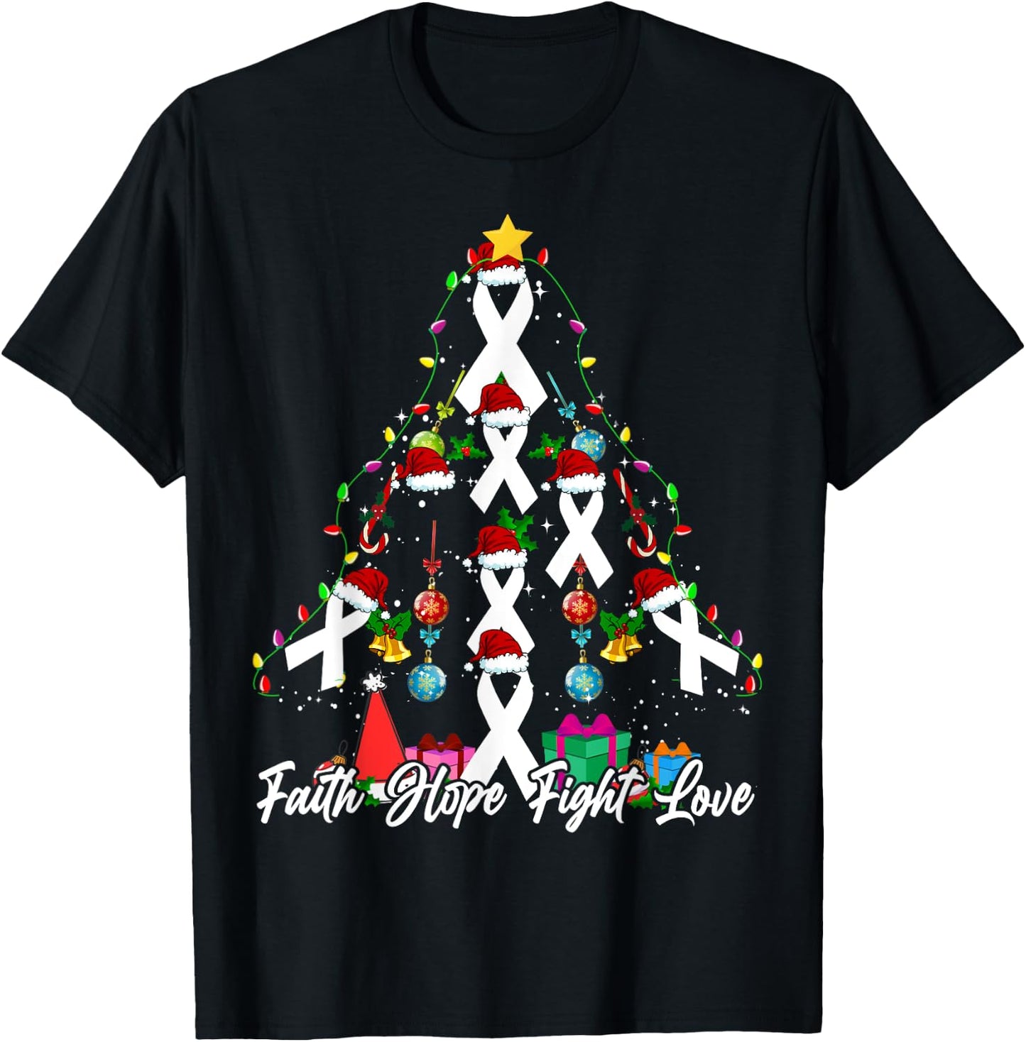 Santa White Ribbon Christmas Tree Lung Cancer Awareness T-Shirt - T-Shirt | Black
