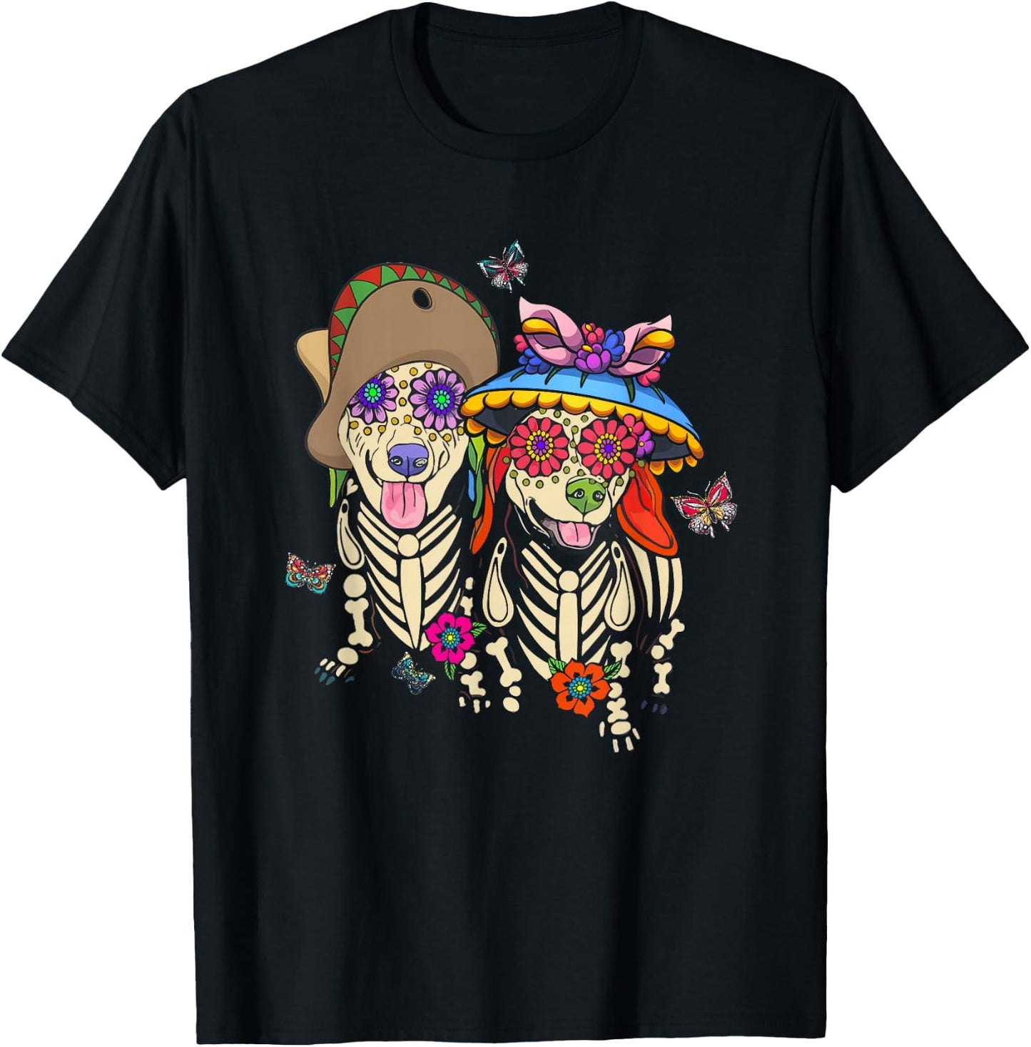 Sugar Skull Mexican Dachshund Bone Halloween Day Of Dead T-Shirt - T-Shirt | Black