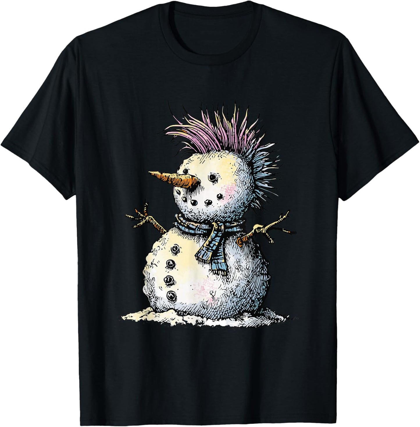 Punk Snowman with Mohawk Cut Winter Design T-Shirt - T-Shirt | Black