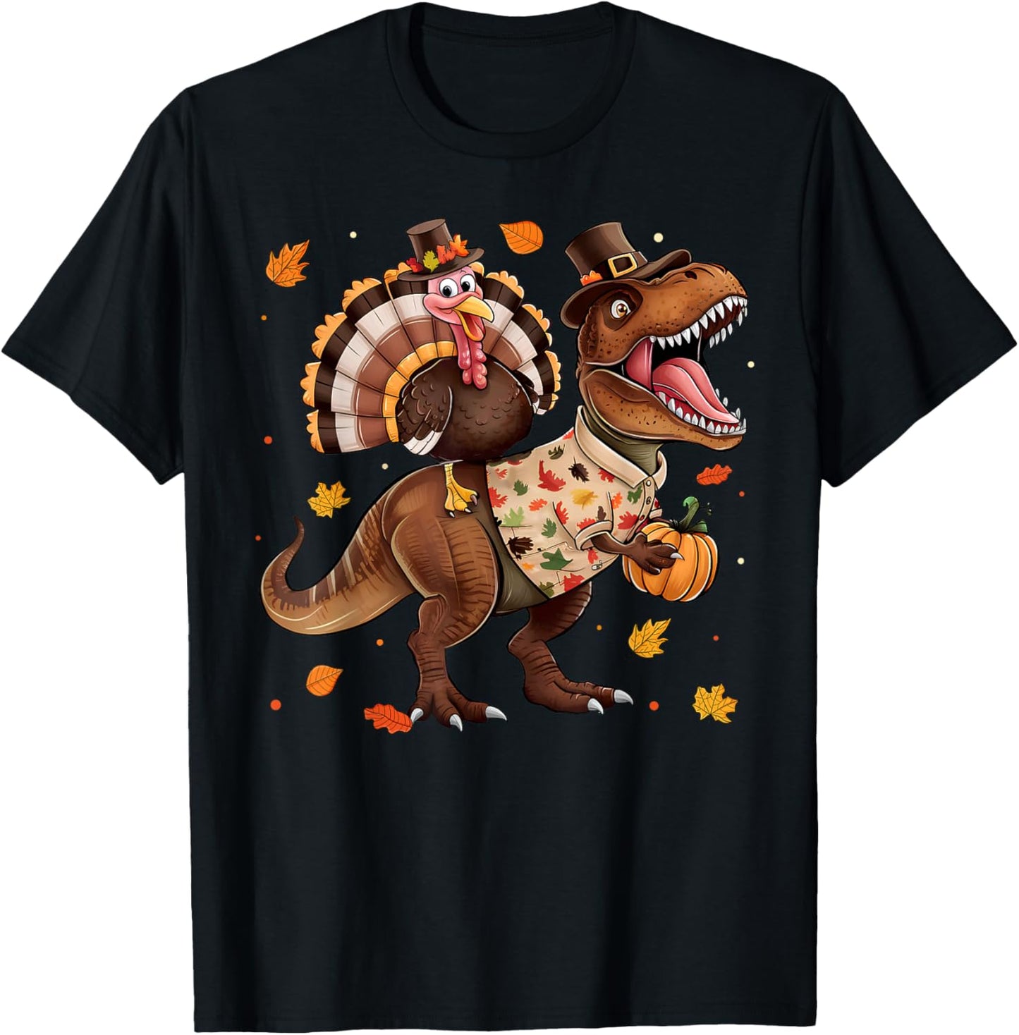 Funny Turkey Riding Dinosaur T rex Thanksgiving Boys Kids T-Shirt - T-Shirt | Black