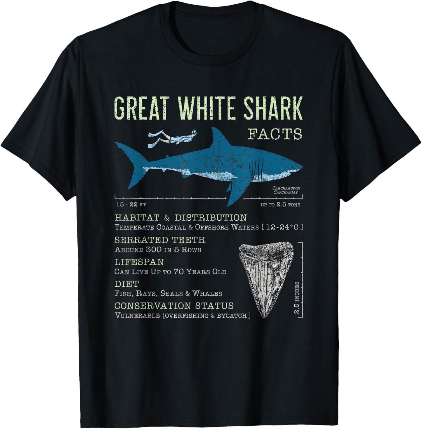 Great White Shark Facts Educational Shark Lover Sharks Tooth T-Shirt - T-Shirt | Black