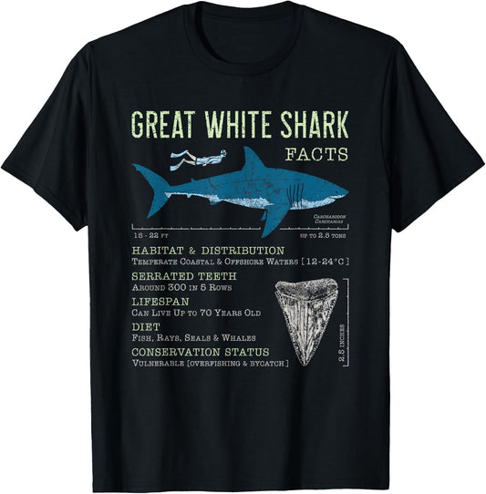 Great White Shark Facts Educational Shark Lover Sharks Tooth T-Shirt - T-Shirt | Black