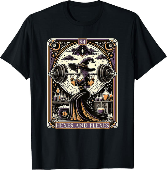 Witch Workout Fitness Deadlifting Hexes Flexes Tarot Card T-Shirt - T-Shirt | Black