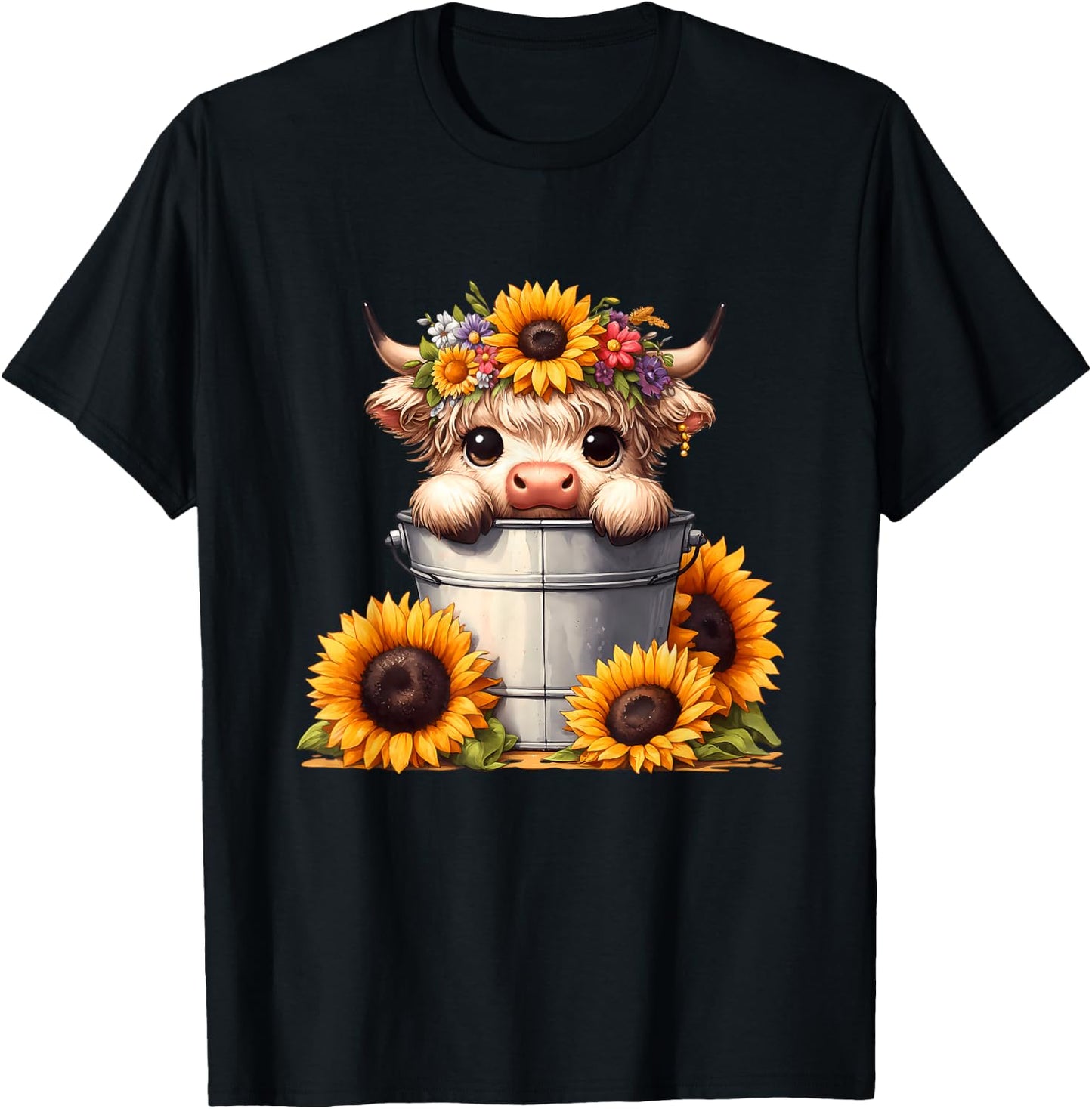Cute Baby Highland Cow with Sunflowers in Bucket, Calf T-Shirt - T-Shirt | Black