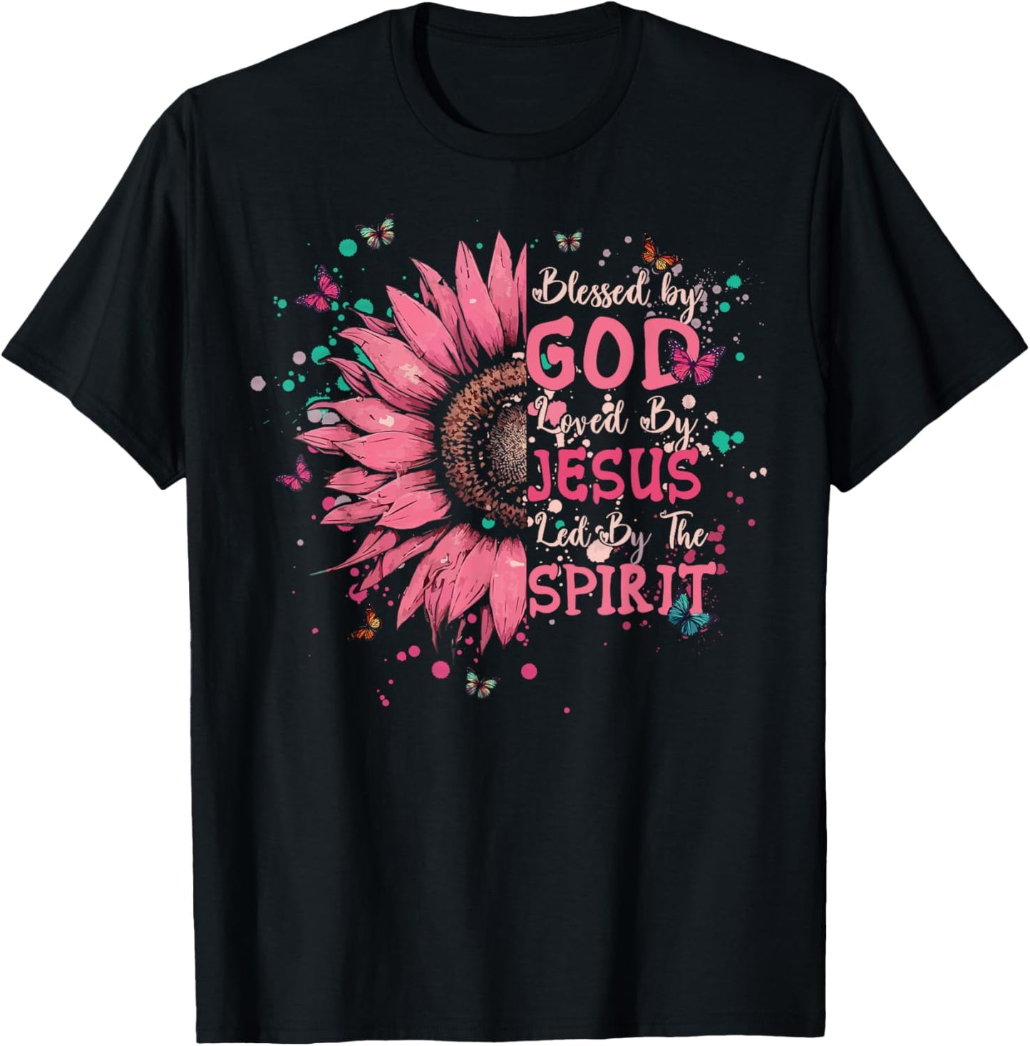 Blessed by God Loved by Jesus Christian Cross Sunflower T-Shirt - T-Shirt | Black