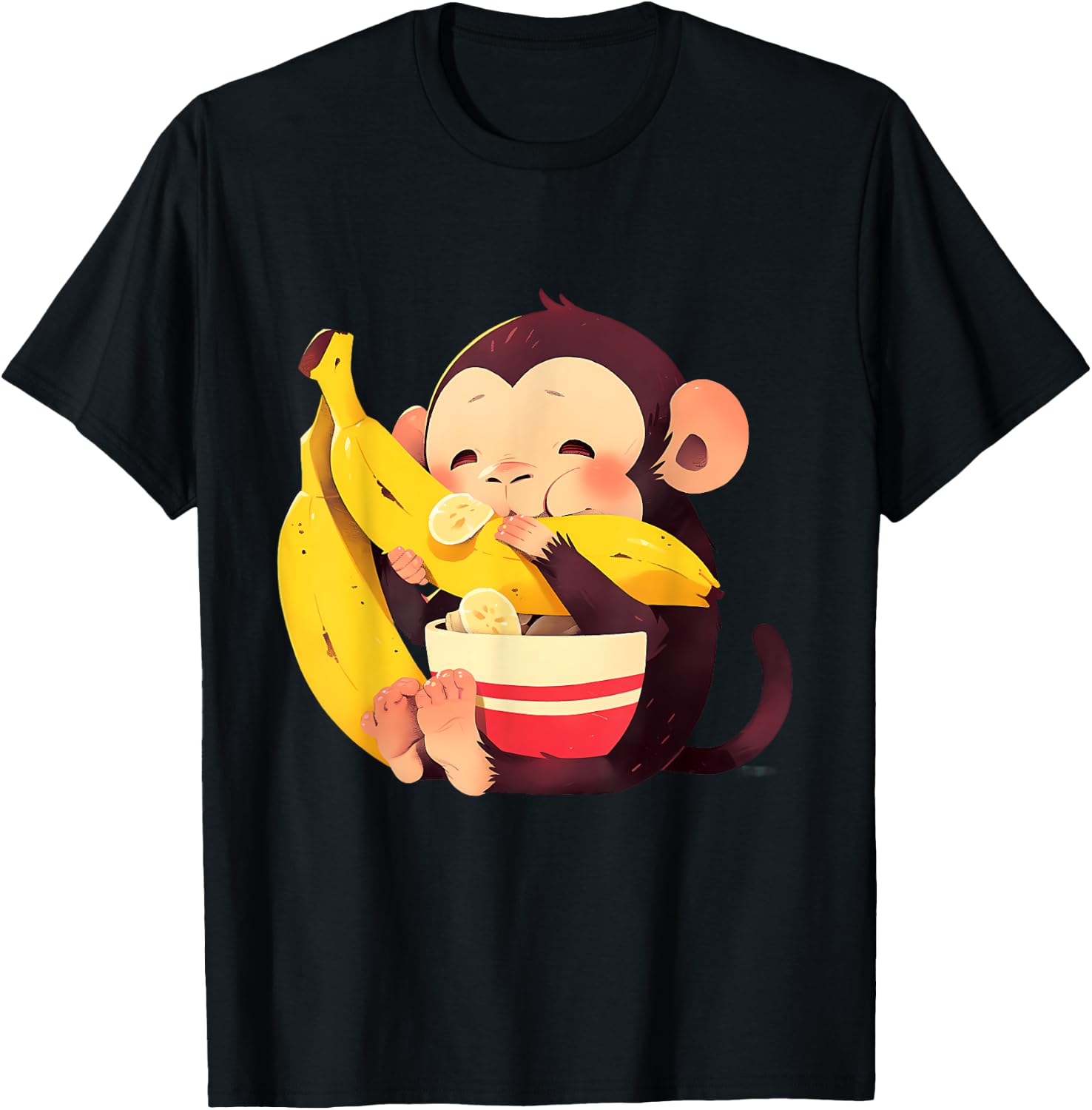 Banana Monkey Cute Monkey Wildlife Drawing Bananas Fruit T-Shirt - T-Shirt | Black