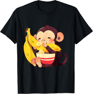 Banana Monkey Cute Monkey Wildlife Drawing Bananas Fruit T-Shirt - T-Shirt | Black