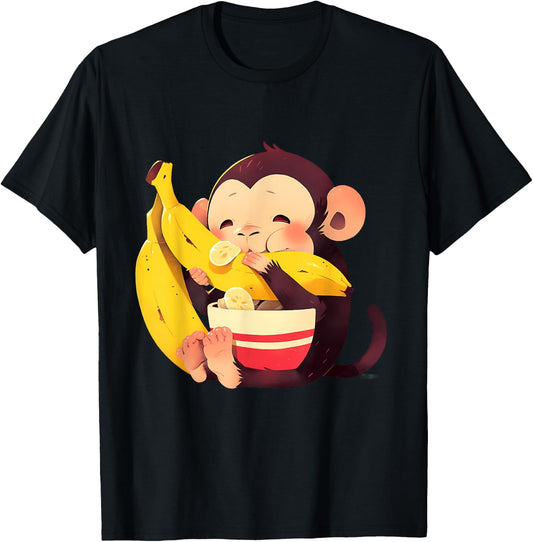 Banana Monkey Cute Monkey Wildlife Drawing Bananas Fruit T-Shirt - T-Shirt | Black