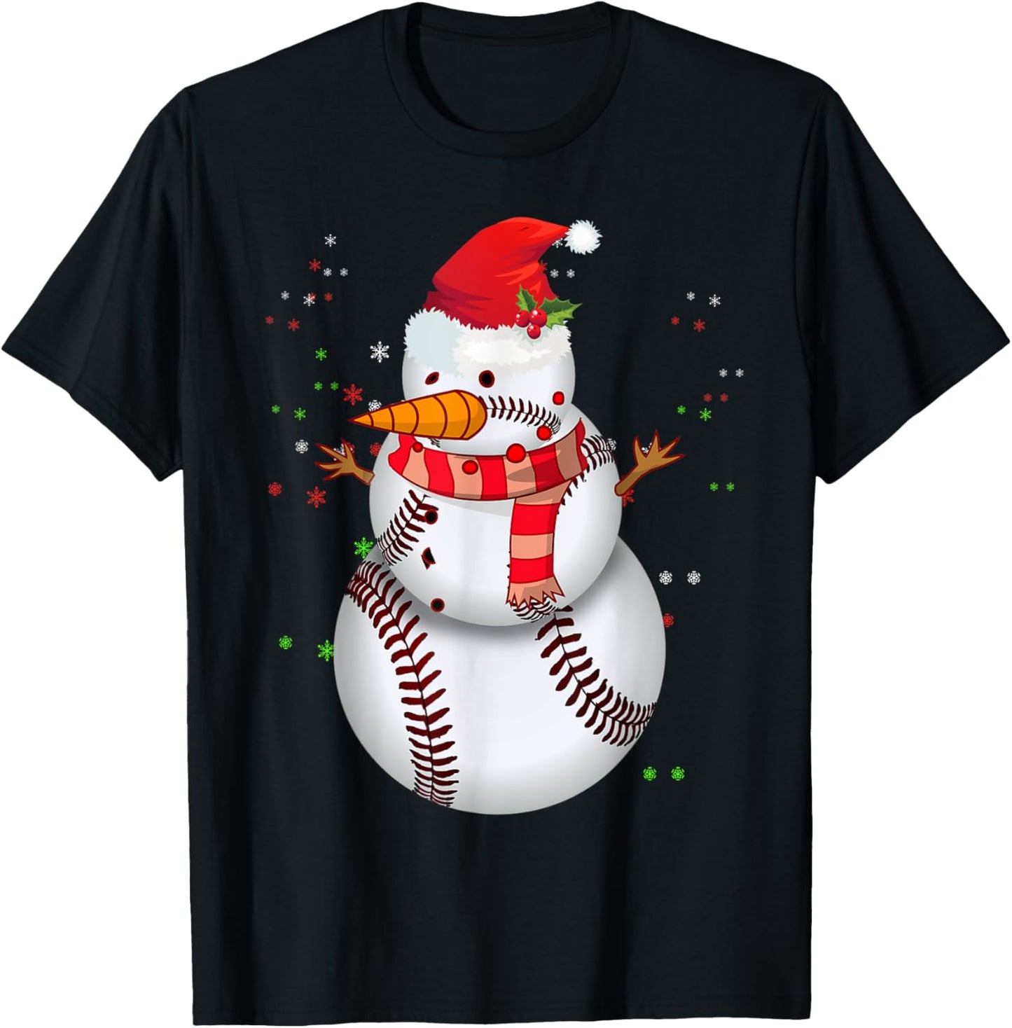 Funny Snowman Scarf Heart Baseball Santa Hat Snow Christmas T-Shirt - T-Shirt | Black