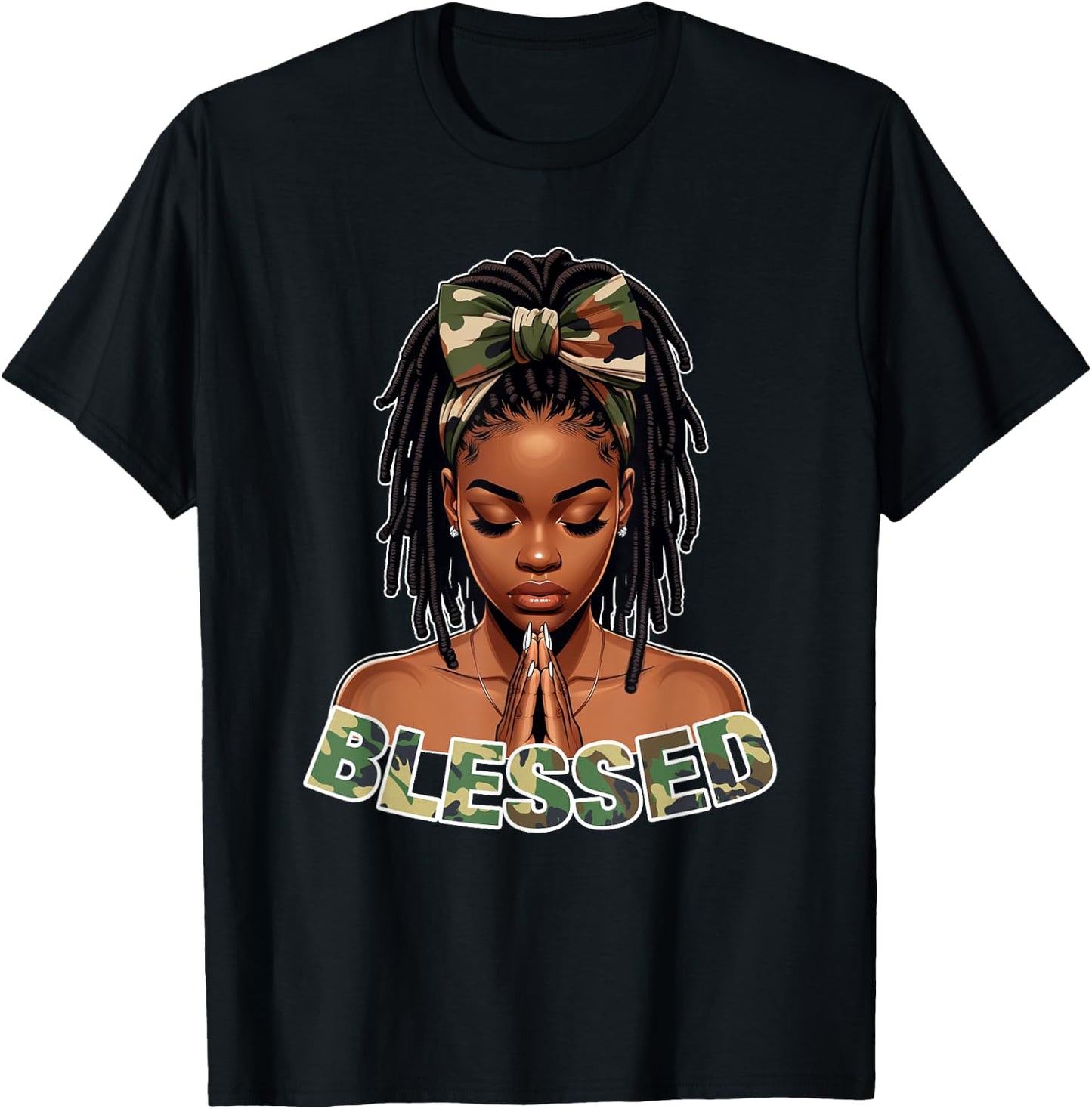 Praying Young Black Girl With Braids Locs Blessed Camo T-Shirt - T-Shirt | Black