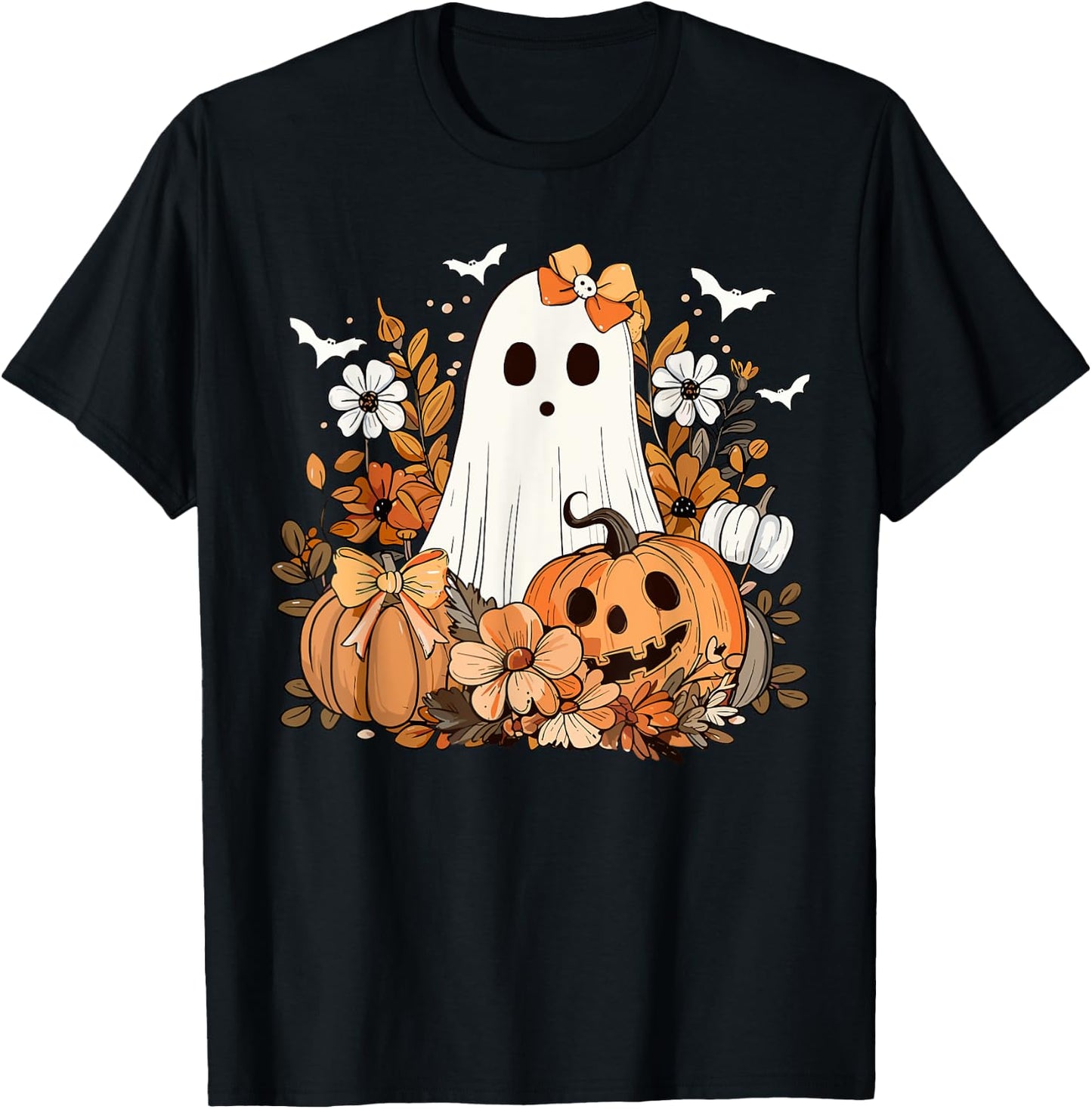Retro Floral Ghost Cute Pumpkin Autumn Halloween Women Kids T-Shirt - T-Shirt | Black