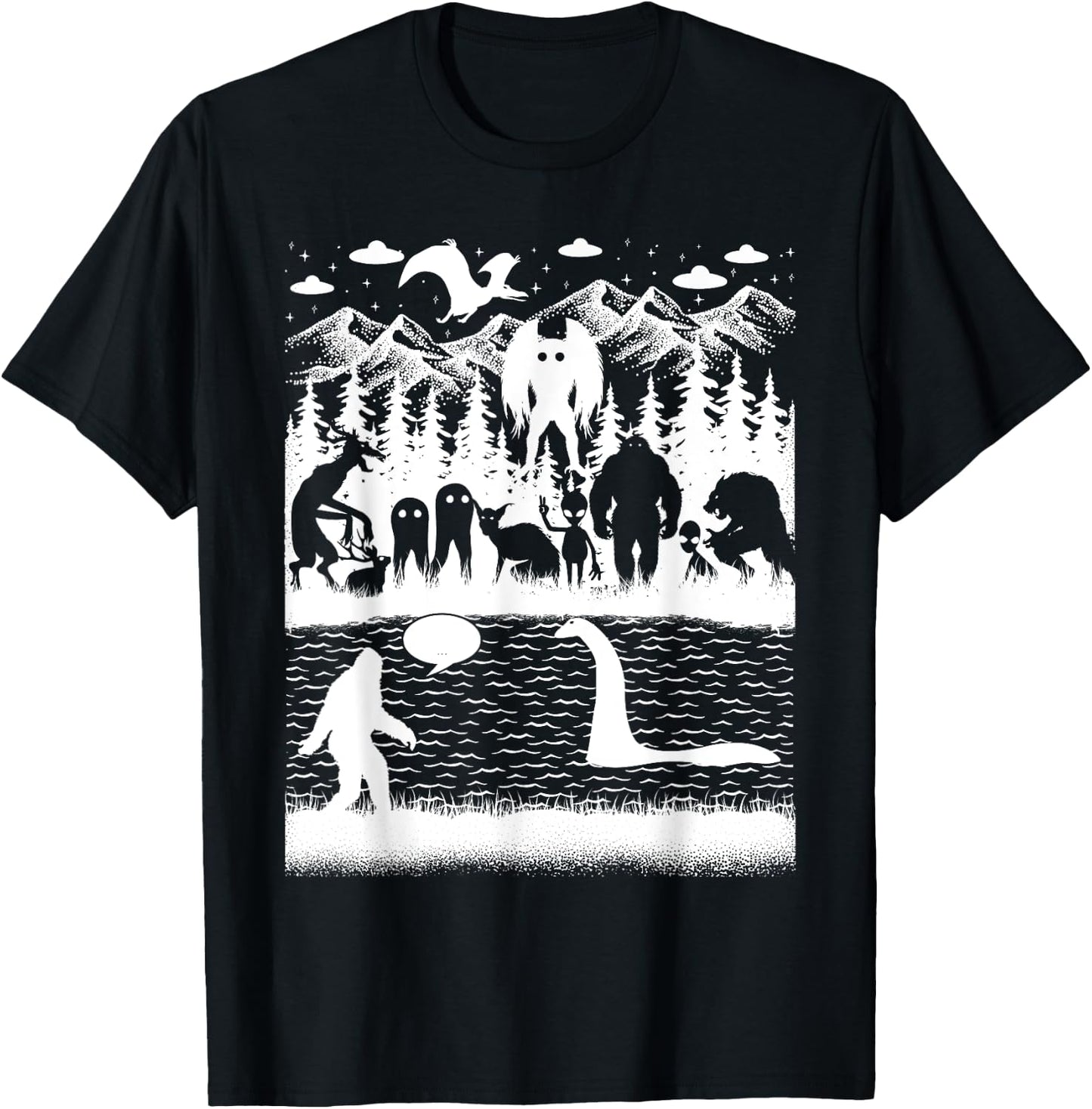 Bigfoot Loch Ness Monster Mothman And Aliens! Funny Cryptid T-Shirt - T-Shirt | Black