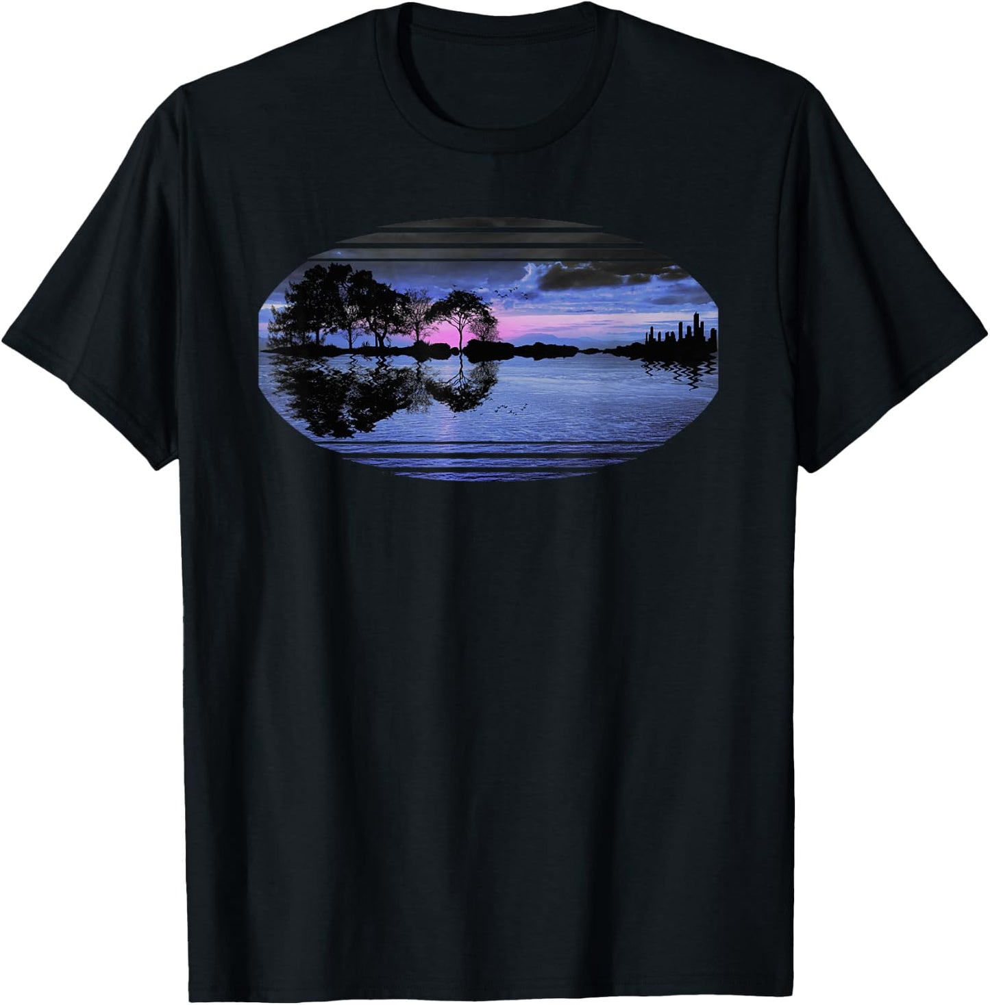 Guitar Sunset Sky Trees City Lake Reflection Stylish Design T-Shirt - T-Shirt | Black
