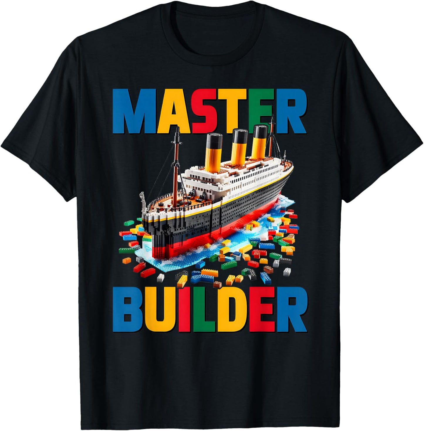 Master Builder Ship Kids Boys Toy Building Blocks Brick Fun T-Shirt - T-Shirt | Black