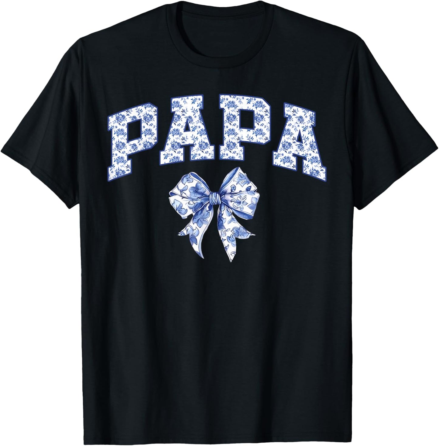 Papa Coquette Toile Blue Bow Floral Family Matching T-Shirt - T-Shirt | Black