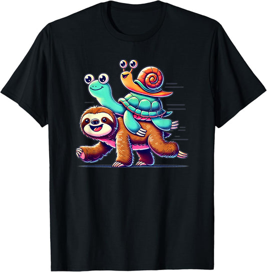 Sloth Turtle Snail Piggyback Animal Running Wild T-Shirt - T-Shirt | Black