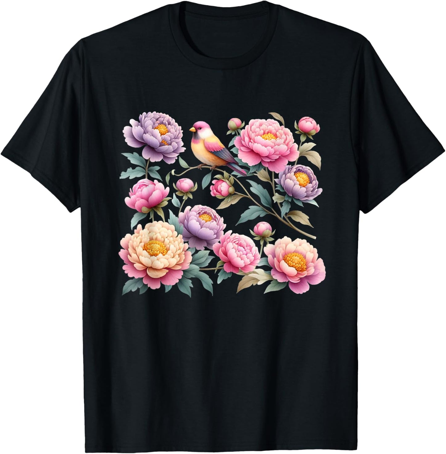 Beautiful Peonies Flowers Blossom Bird Nature Lover Gardener T-Shirt - T-Shirt | Black