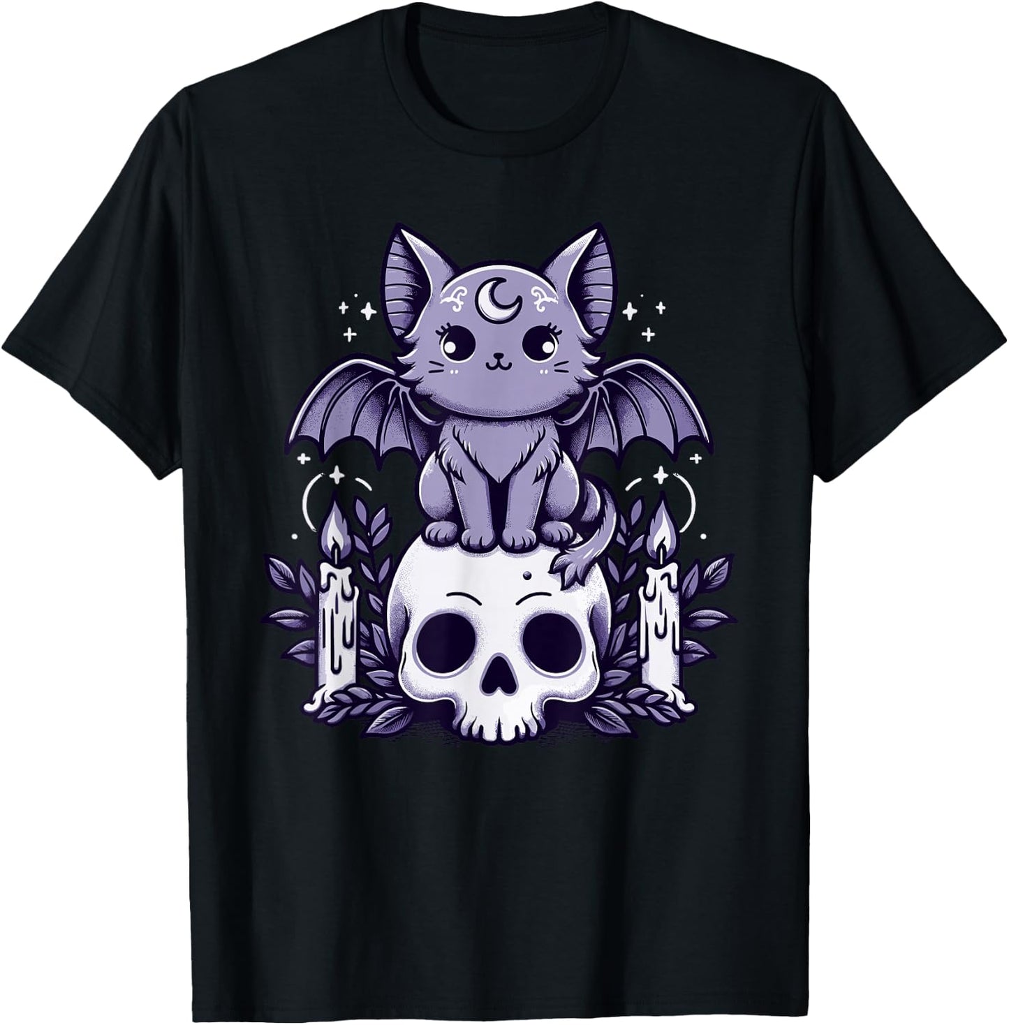 Kawaii Pastel Goth Cute Creepy Cat Bat Skeleton T-Shirt - T-Shirt | Black