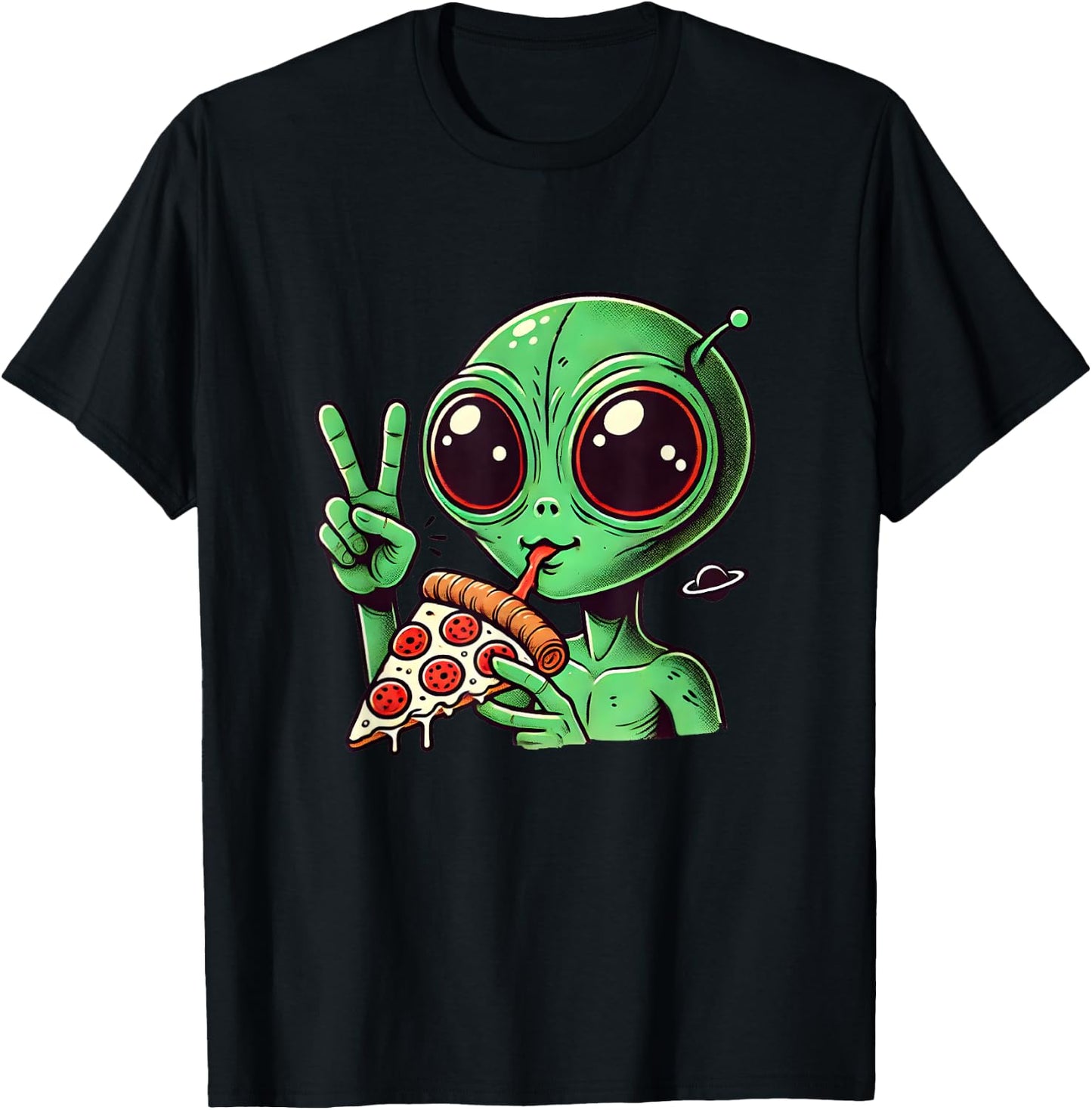 Funny Alien Head Eating Pizza UFO Extraterrestrial T-Shirt - T-Shirt | Black