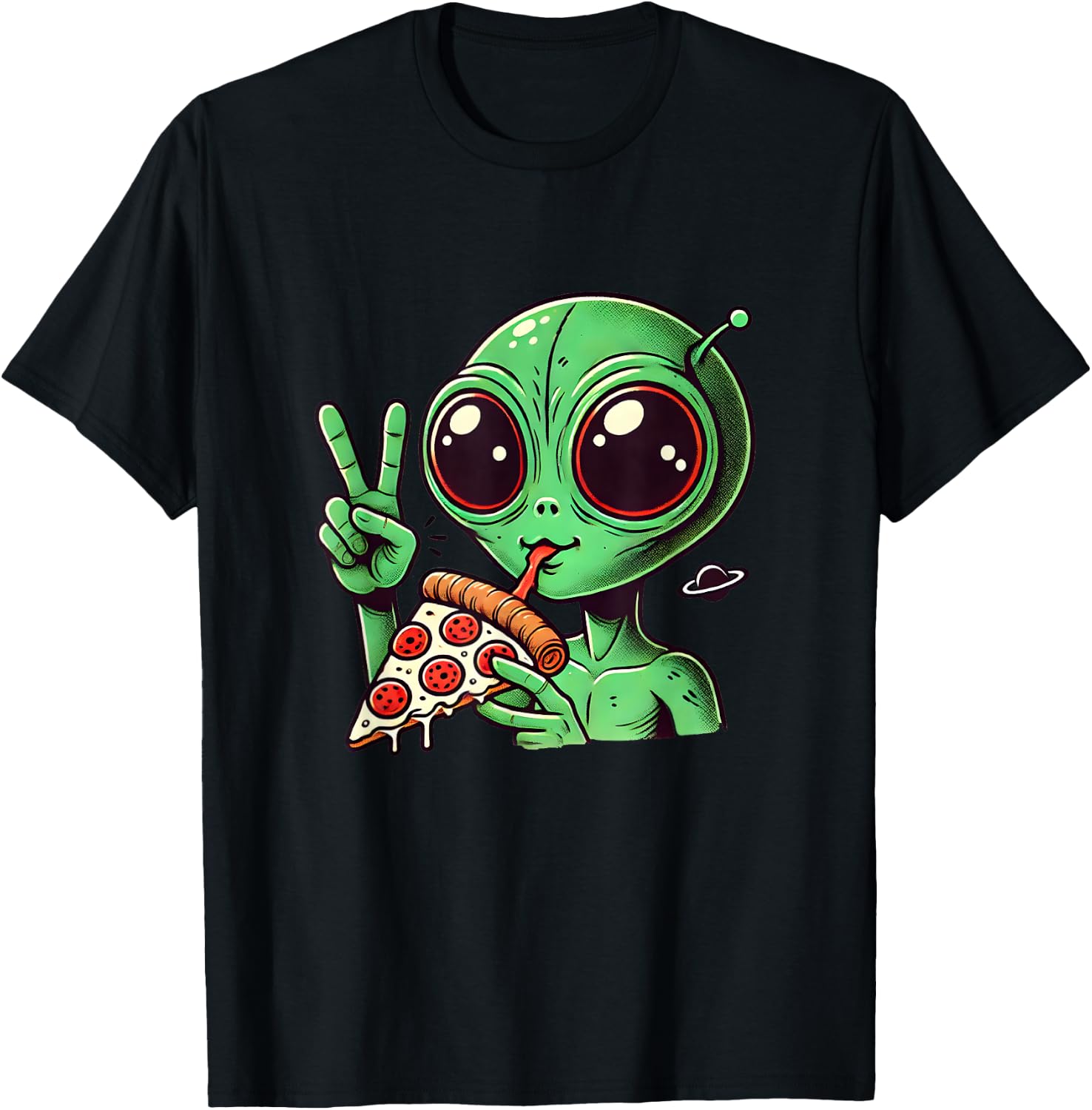 Funny Alien Head Eating Pizza UFO Extraterrestrial T-Shirt - T-Shirt | Black