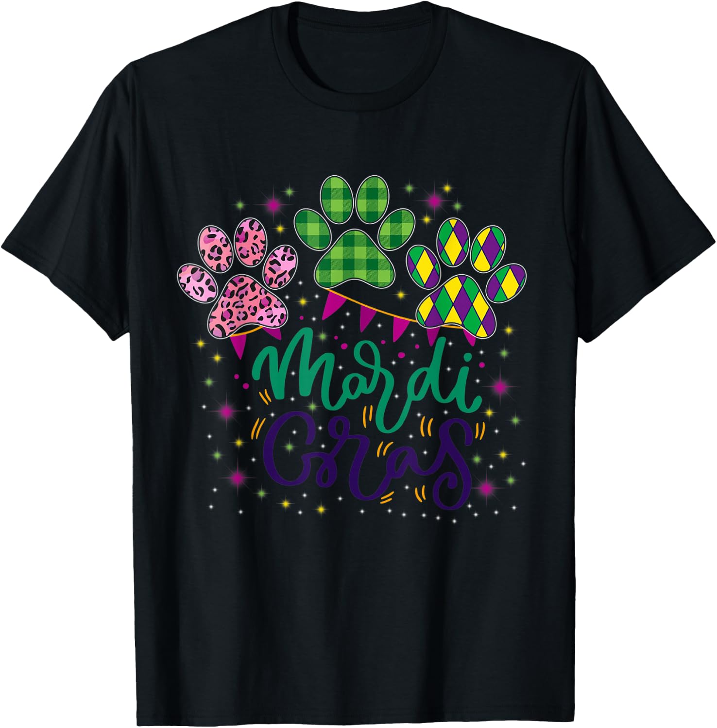 Leopard Print And Buffalo Plaid Dog Paw Mardi Gras Beads Men Women T-Shirt - T-Shirt | Black