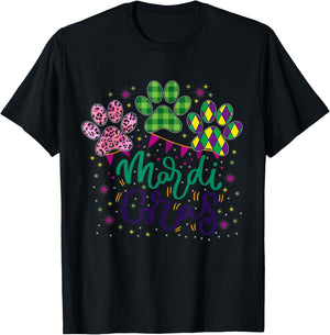 Leopard Print And Buffalo Plaid Dog Paw Mardi Gras Beads Men Women T-Shirt - T-Shirt | Black