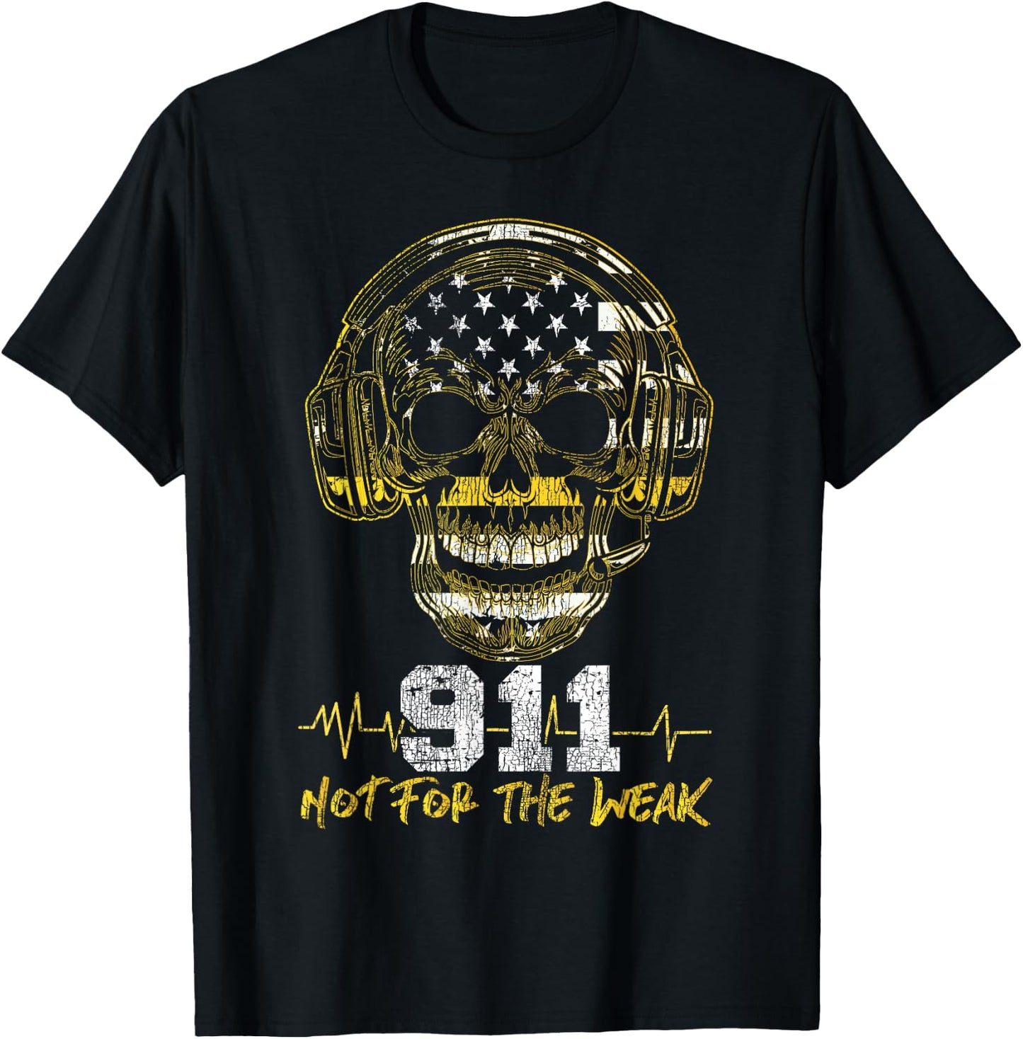 911 Dispatcher Thin Gold Yellow Line American Flag Skull Xxx T-Shirt - T-Shirt | Black