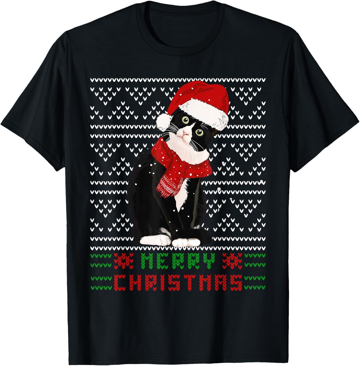 Ugly Christmas Black Cat Santa Hat Scarf Cute Tuxedo Cat Men Women Kids T-Shirt - T-Shirt | Black