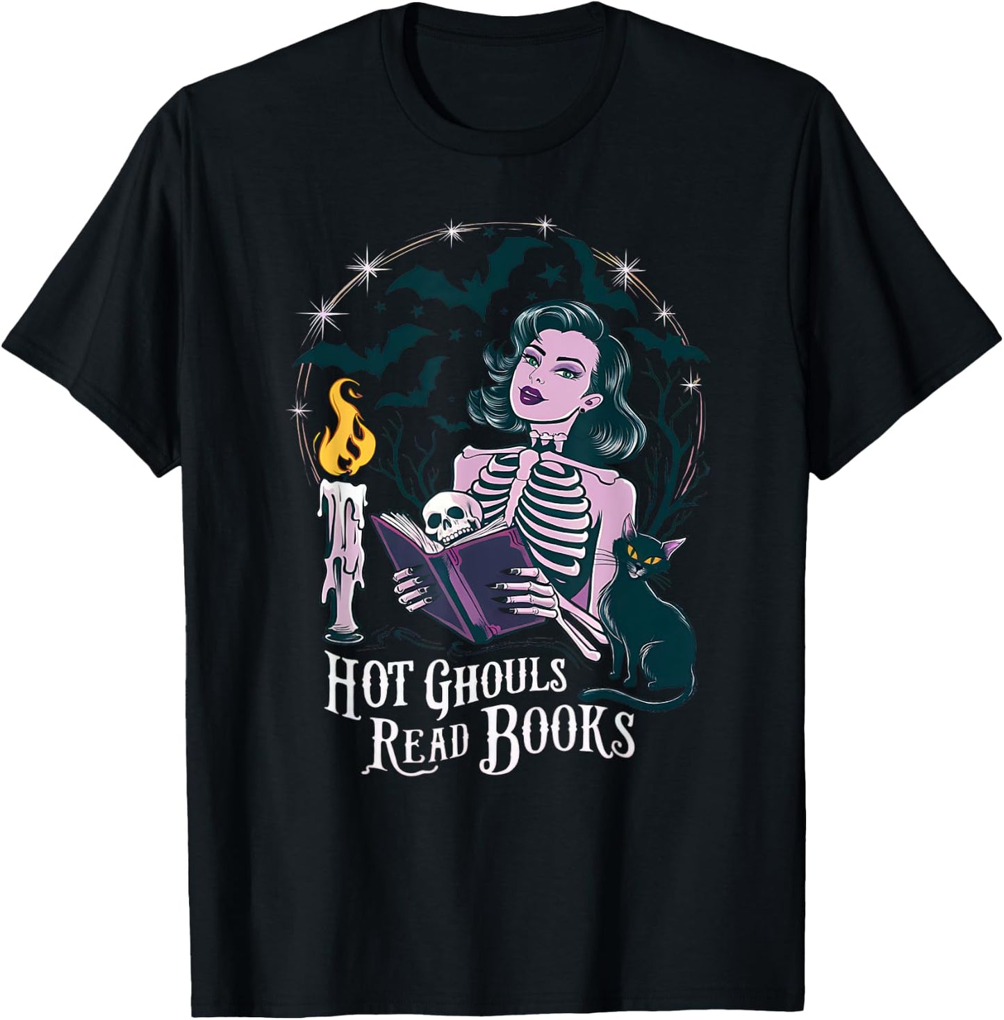 Hot Ghouls Read Book Club Spooky Cat Bat Bookish Halloween T-Shirt - T-Shirt | Black