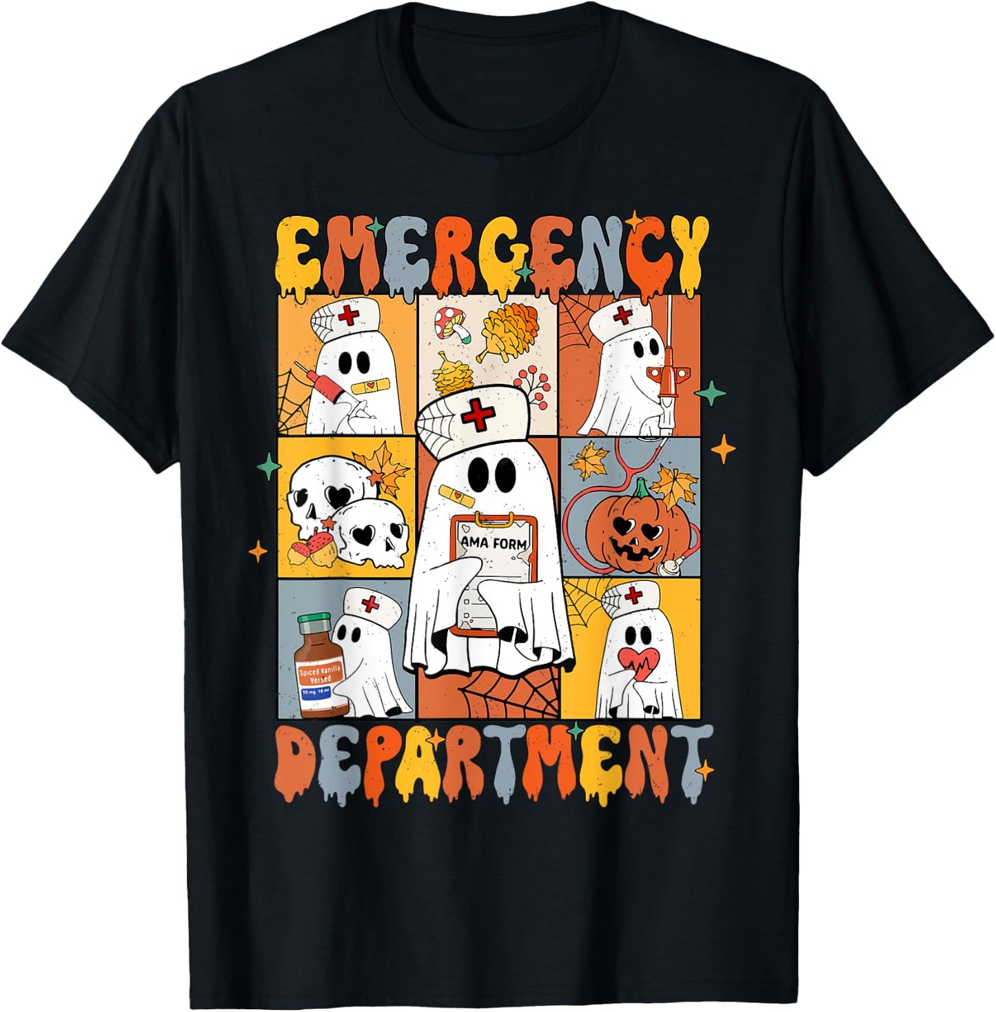 Emergency Department Halloween Cute Pumpkin Ghost ER Nurse T-Shirt - T-Shirt | Black