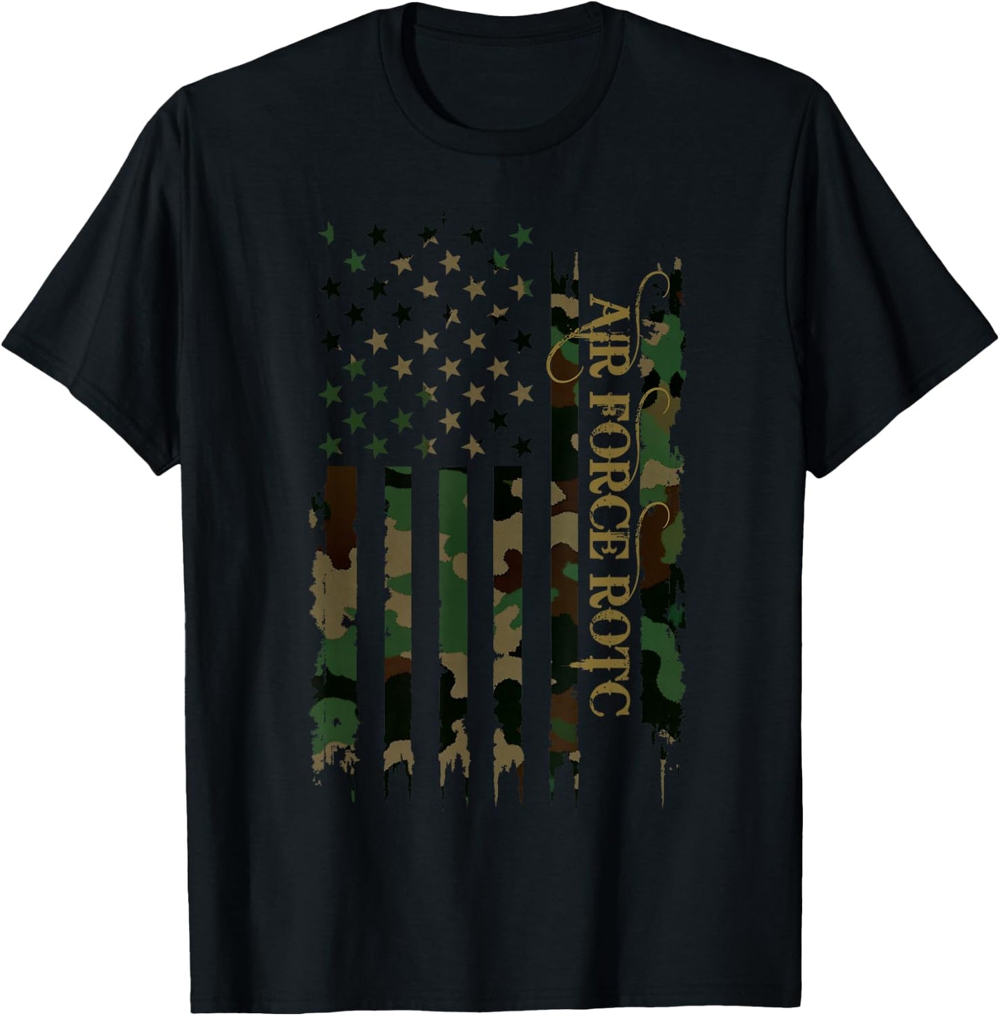 Air Force ROTC United States Distressed Camo w US Flag T-Shirt - T-Shirt | Black