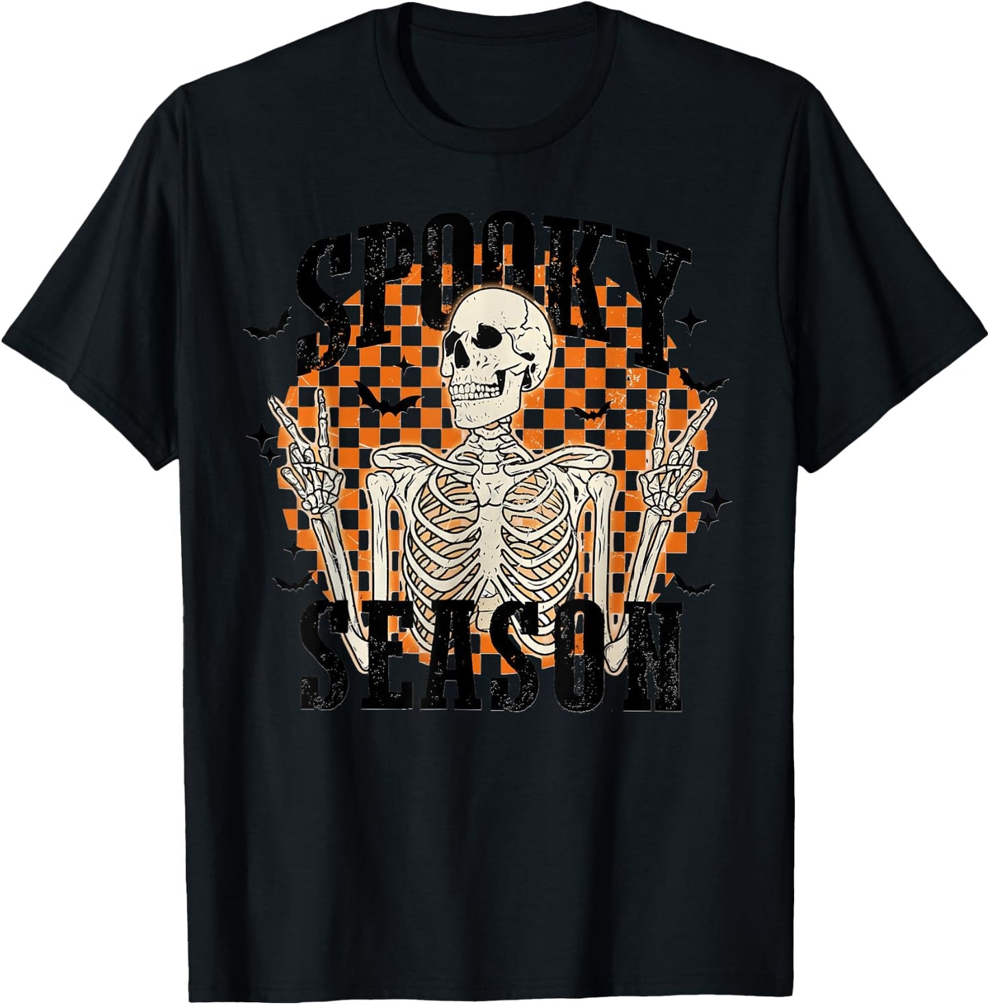 Spooky Season Skeleton Checkerboard Funny Halloween T-Shirt - T-Shirt | Black