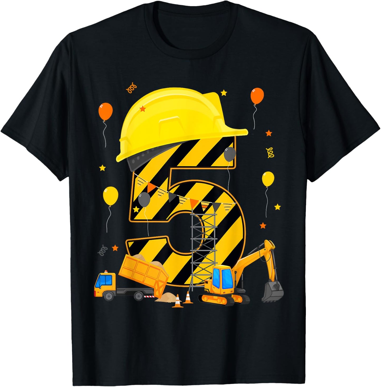 Five 5yr 5th Birthday Construction Vehicles 5 Year Old T-Shirt - T-Shirt | Black