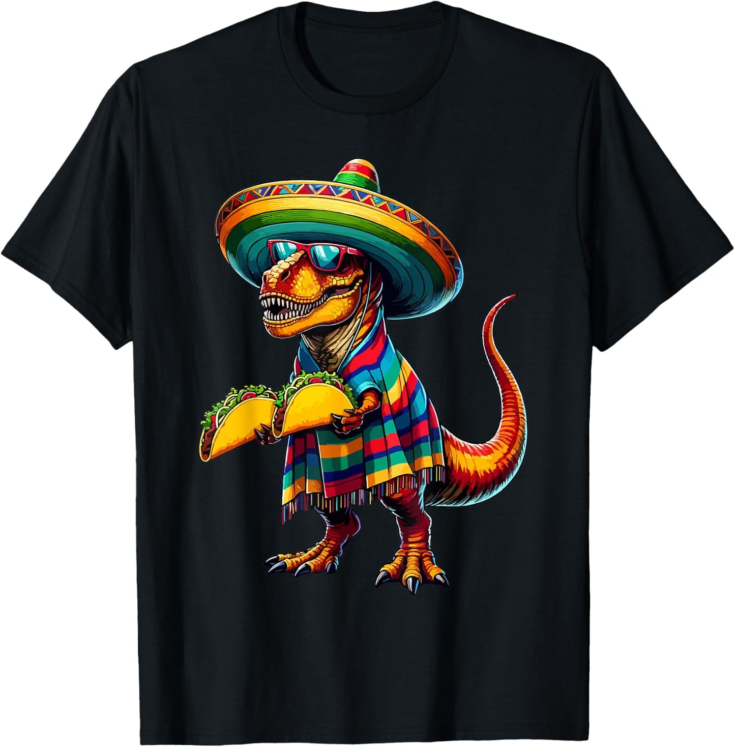 T-rex Dinosaur Taco Lover Cinco de Mayo Sombrero Poncho T-Shirt - T-Shirt | Black