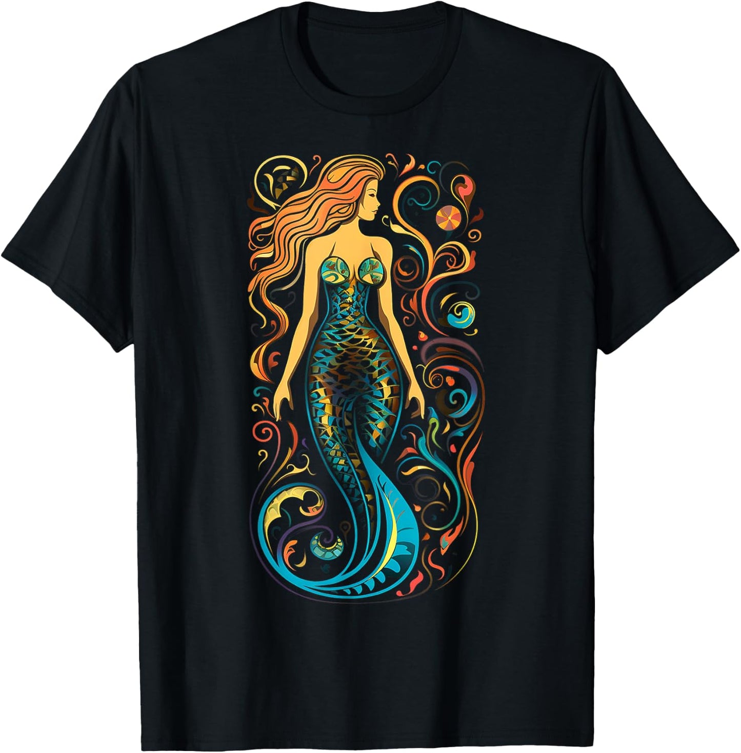 Mermaid Mandala Graphic Artwork Art Mermaid T-Shirt - T-Shirt | Black