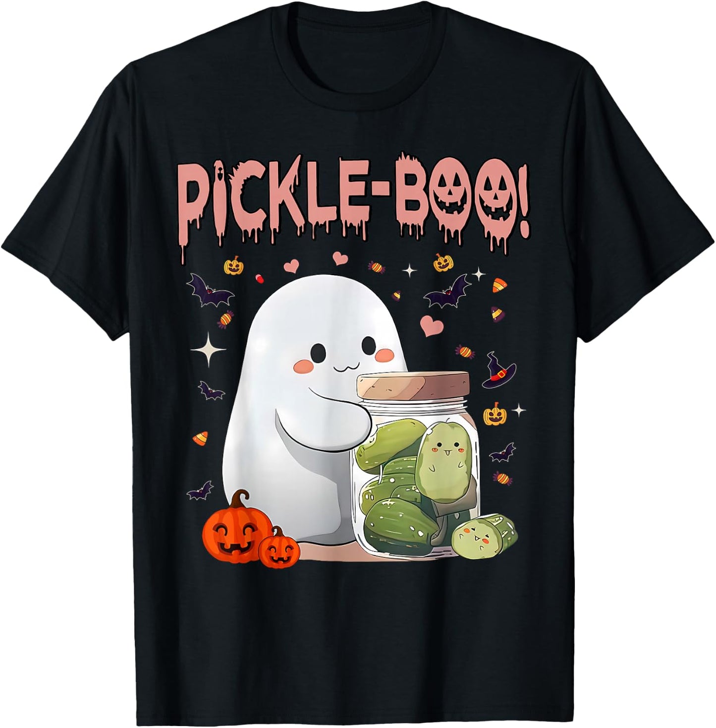 Vintage Kawaii Pickle Boo Ghost Halloween Spooky Season T-Shirt - T-Shirt | Black