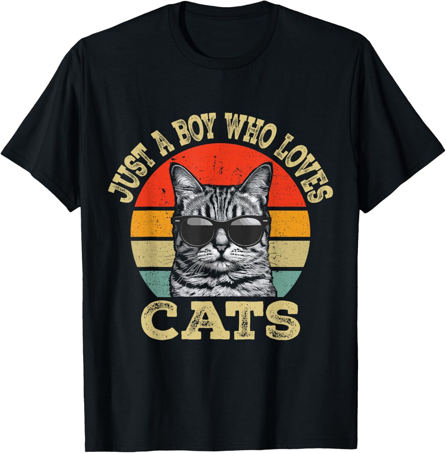 Vintage Just A Boy Who Loves Cats Boy Kid Cat Lover For Boys T-Shirt - T-Shirt | Black