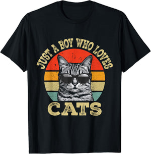 Vintage Just A Boy Who Loves Cats Boy Kid Cat Lover For Boys T-Shirt - T-Shirt | Black