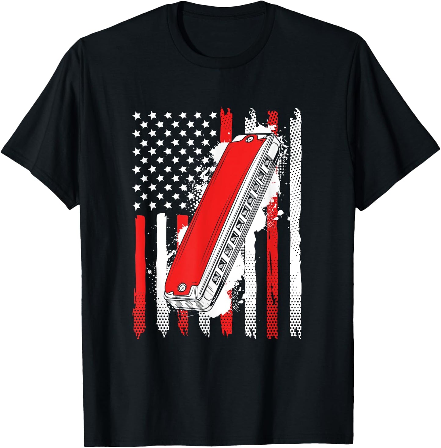 Grunge US Harmonica Flag Musical Instruments T-Shirt - T-Shirt | Black
