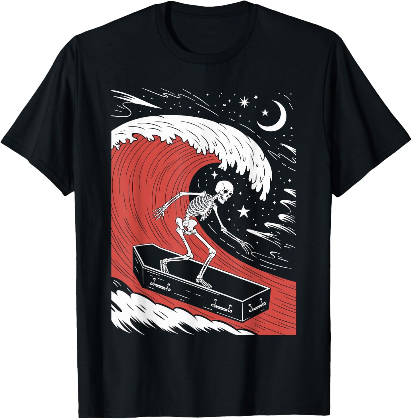 Funny Skeleton Surfing With a Coffin Spooky Halloween Surfer T-Shirt - T-Shirt | Black