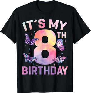 Kids It's My 8th Birthday Butterfly 8 Years Old T-Shirt - T-Shirt | Black