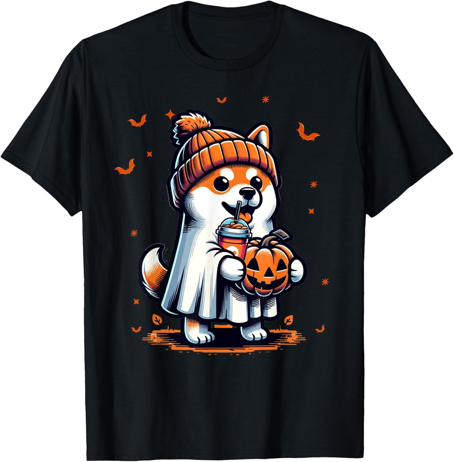 Ghost Shiba Inu Dog Pumpkin Drinks Beanie Fall Halloween Women Kids T-Shirt - T-Shirt | Black