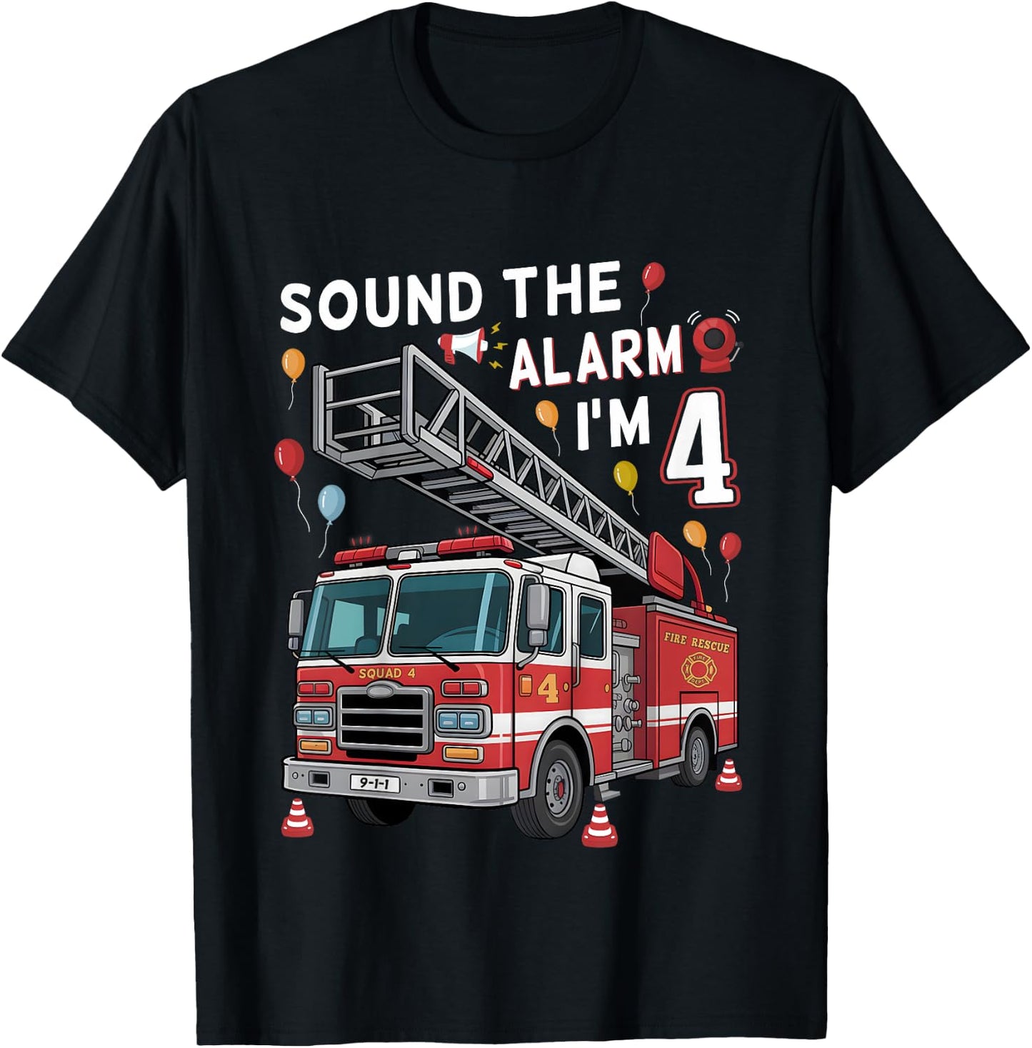 4th Birthday Boy Fire Truck 4 Year Old Boy Girl Firefighter T-Shirt - T-Shirt | Black