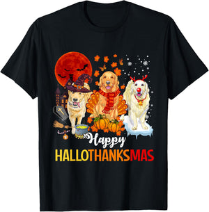 Golden Retriever Happy Hallothanksmas Halloween Thanksgiving T-Shirt - T-Shirt | Black