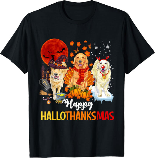 Golden Retriever Happy Hallothanksmas Halloween Thanksgiving T-Shirt - T-Shirt | Black
