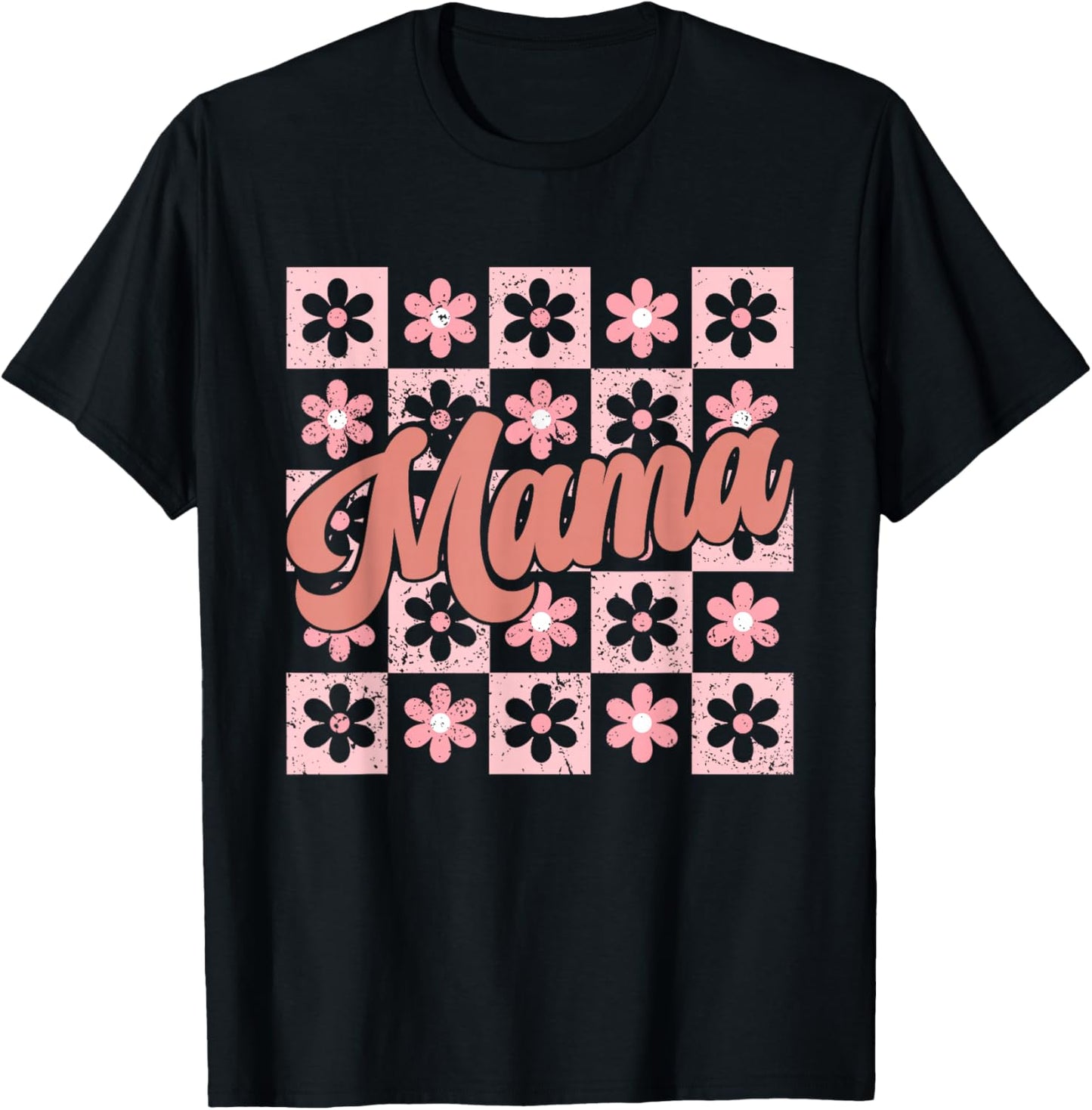 Groovy Mama Retro Flowers Floral Checkered Mother's Day T-Shirt - T-Shirt | Black