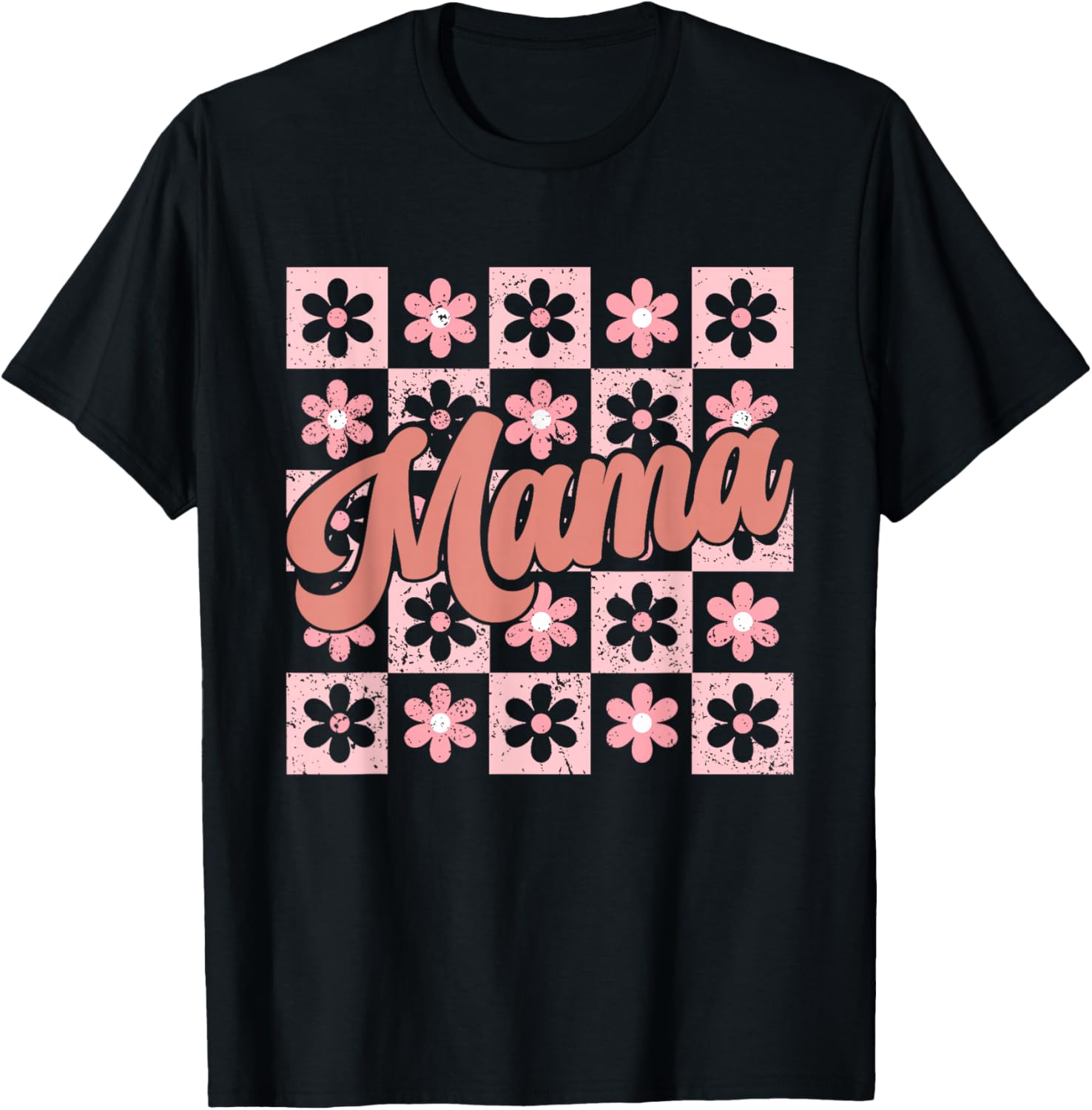 Groovy Mama Retro Flowers Floral Checkered Mother's Day T-Shirt - T-Shirt | Black