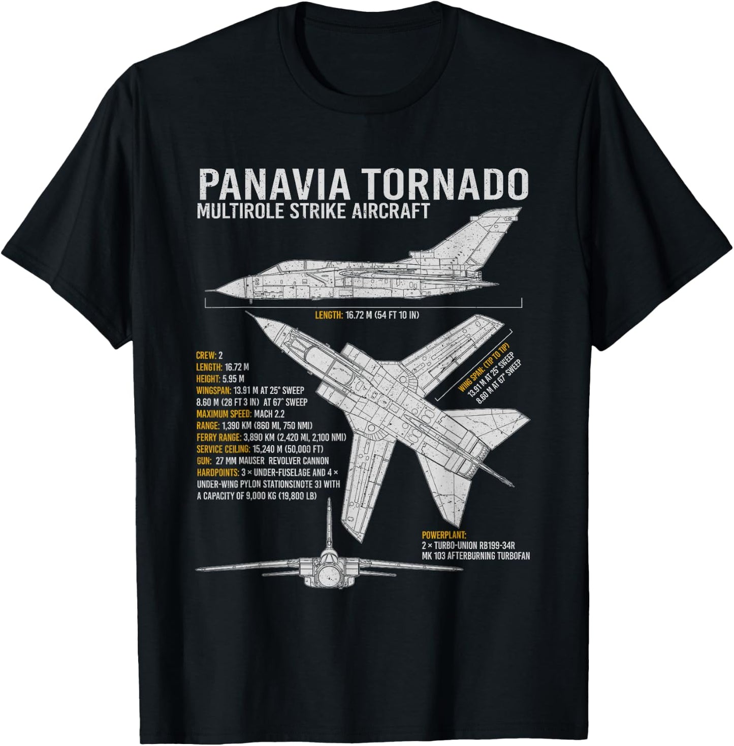 Tornado Jet Fighter Aircraft Airplane Blueprint Warplane T-Shirt - T-Shirt | Black