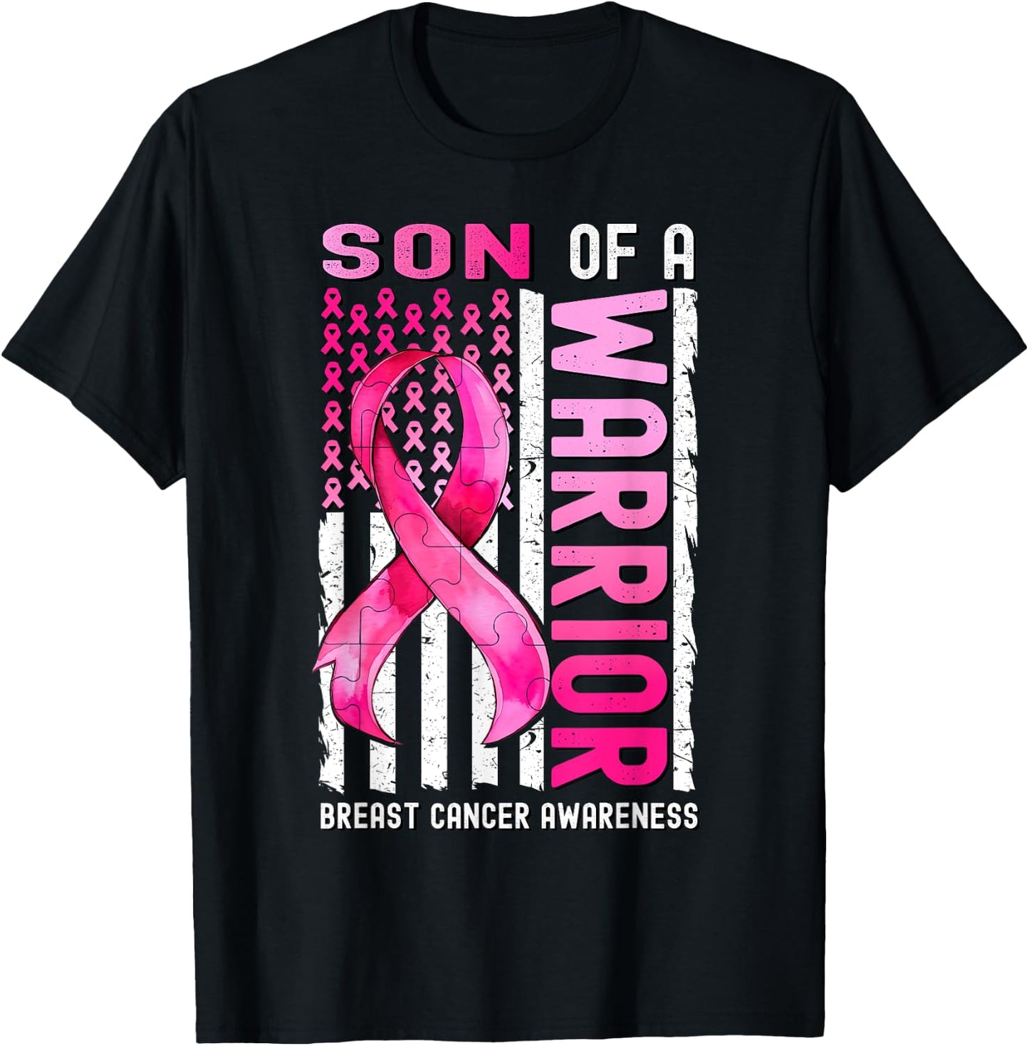 Son Of A Warrior Breast Cancer USA Flag Awareness Pink T-Shirt - T-Shirt | Black